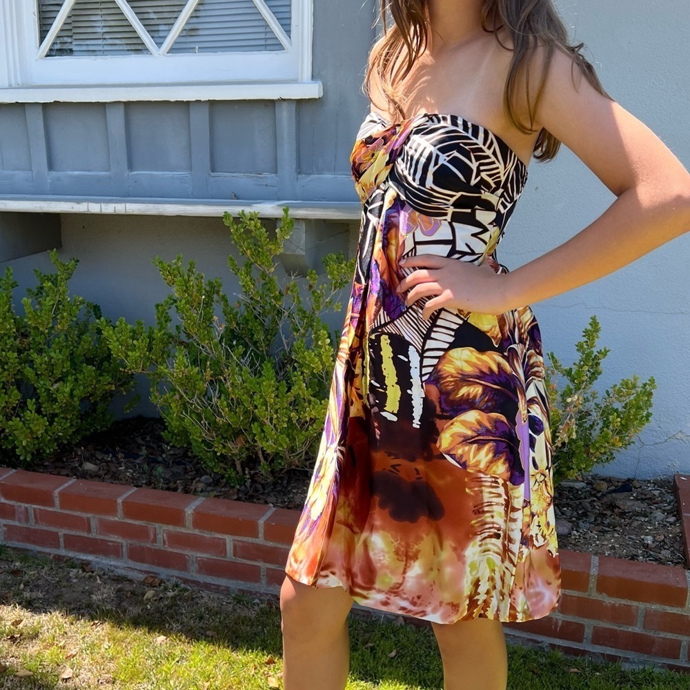 Vintage 90s Cache Silk Strapless‎ Bubble Dress Tropical Floral Resort-wear Sz 2